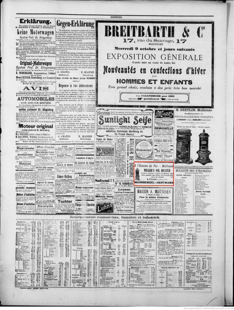 Journal L'Express de Mulhouse du 9 octobre 1901 (p.4) : calorifère américain.
